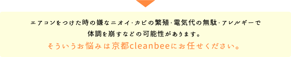 エアコンをつけた時の嫌なニオイ・カビの繁殖・電気代の無駄・アレルギーで体調を崩すなどの可能性があります。そういうお悩みは京都cleanbeeにお任せください。